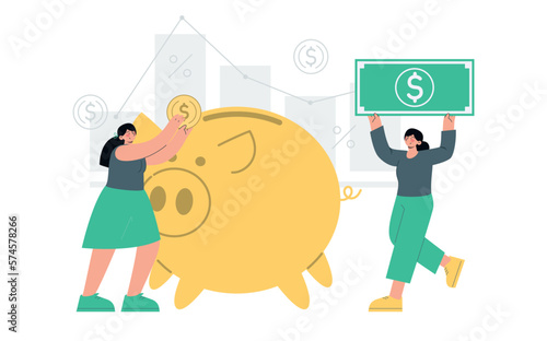 People save money via piggy bank. Finance and business operations. Dollar value chart. Flat vector minimalist illustrations