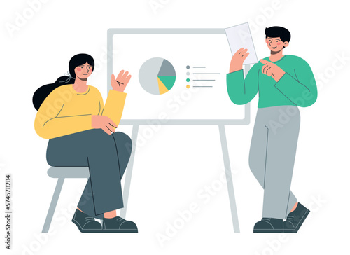 Finance and business operations. Board with chart pie. Bills and taxes. Flat vector minimalist illustrations