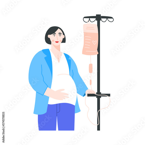 Portrait of woman standing with vitamin drip on a white background. Pregnant female patient with the IV dropper during treatment at clinic. Vector flat illustration