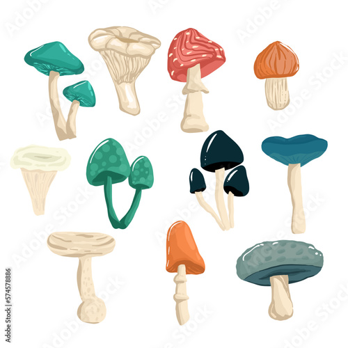 Set of mushrooms in the hand drawing style. Psychedelic abstract mushrooms, hippie style. Vector illustration isolated on a white background.