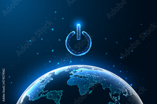 Earth Hour abstract futuristic concept banner with power button and planet Earth globe 