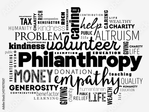 Philanthropy - the desire to promote the welfare of others, expressed by the generous donation of money to good causes, word cloud concept background