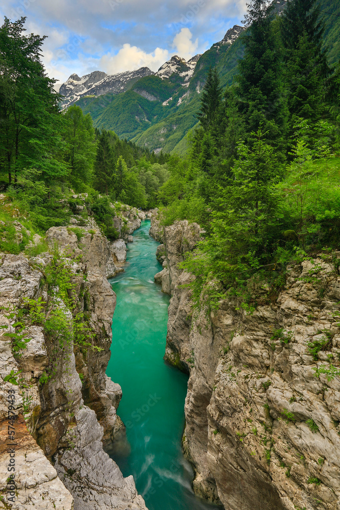 Soca River Flowing Through A Narrow Canyon In Bovec, Slovenia Soca River Flowing Through A Narrow Canyon In Bovec, Slovenia
