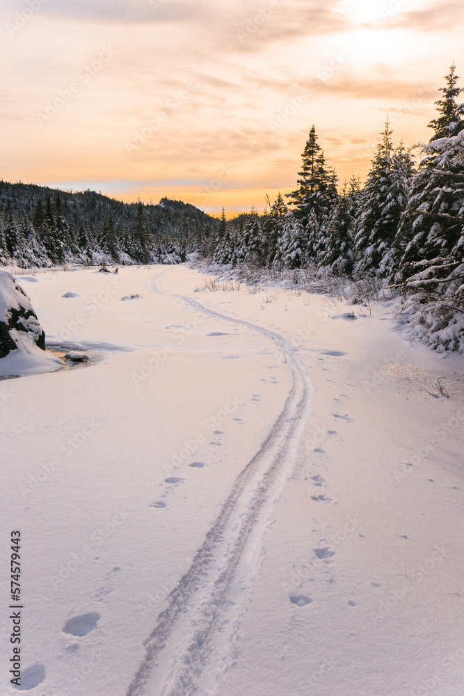 Ski Tracks Along The Frozen Snowy Landscape Over Opalescent River Near Flowed Lands, Adirondack Park Ski Tracks Along The Frozen Snowy Landscape Over Opalescent River Near Flowed Lands, Adirondack Park