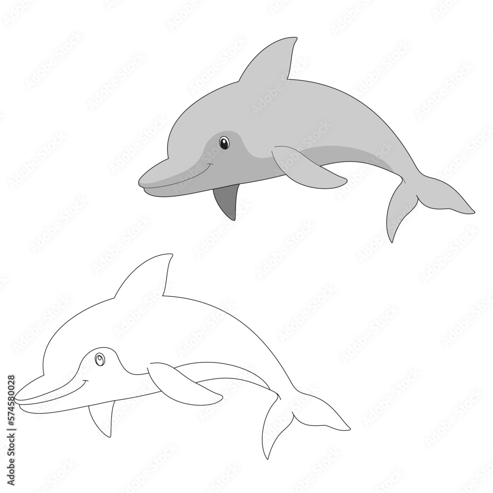 Obraz premium Dolphin jumping illustration with outline. Perfect for art, postcards, cards, wall decor, t-shirts, cards, prints, drawing books, coloring books, wallpaper, prints, cards, ect.