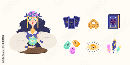 Magic and fortune telling set. Cartoon illustrations of a beautiful girl reading the future by seeing crystal ball with all-seeing eye and a collection of magic accessories. Vector 10 EPS.
