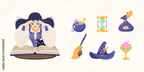 Magic and fortune telling set. Cartoon illustrations of a beautiful witch reading a spell book with her black cat and a collection of magic accessories. Vector 10 EPS.