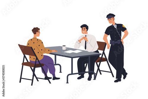 Police officer, detective and criminal during interrogation, sitting at table. Cops, policeman interrogating suspect detainee in office. Flat vector illustration isolated on white background