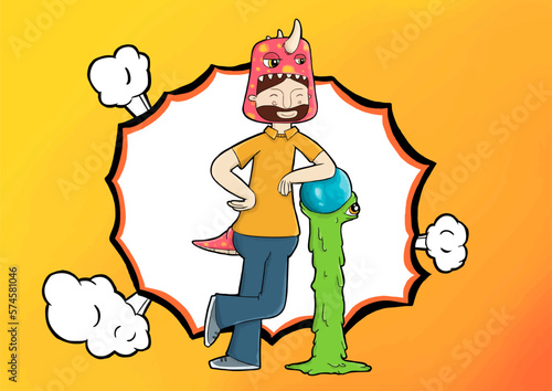 Monster illustration on orange background. Perfect for art, postcards, cards, wall decor, t-shirts, cards, prints, drawing books, coloring books, wallpaper, prints, cards, ect.