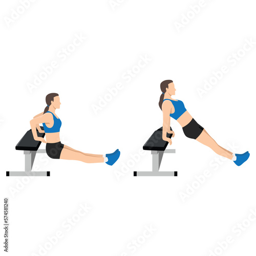 Woman doing bench tricep dips exercise. Flat vector illustration isolated on white background