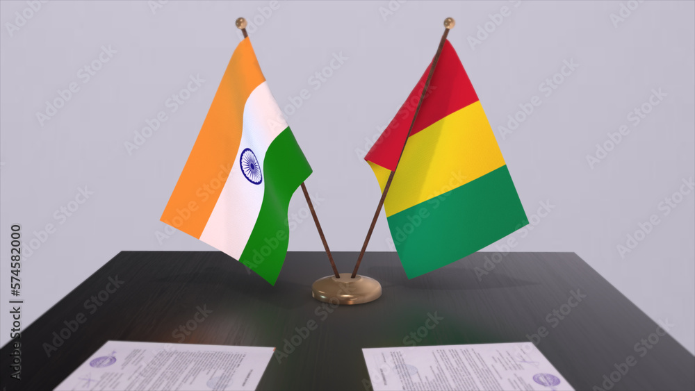 Fototapeta premium Guinea and India national flags. Partnership deal 3D illustration, politics and business agreement cooperation