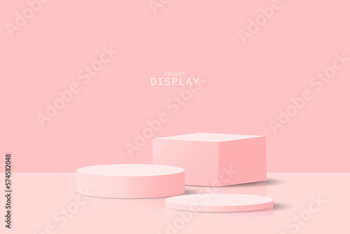 Clean 3D room with realistic pink 3d cylinder podium and cube or product stand. 3d vector rendering. product presentation podium. design for advertise product