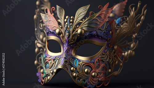 Carnival mask with gold close-up on dark background. Generative AI
