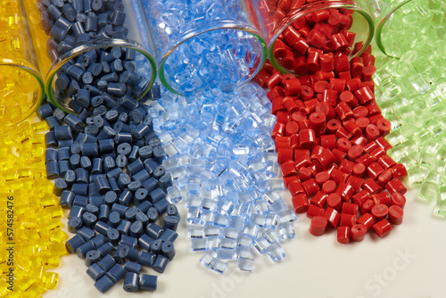 Colored plastic resins in test tubes in laboratory
