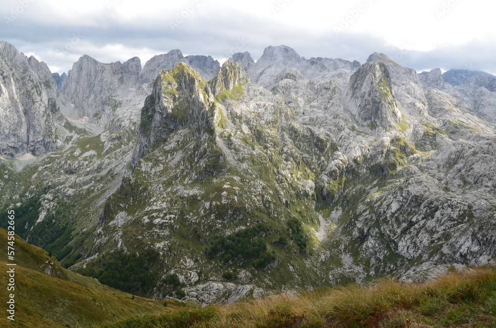 Fototapeta premium The mountains of the Prokletije National Park in the autumn near the Grebaje Valley of Montenegro. The Accursed Mountains. Albanian Alps.