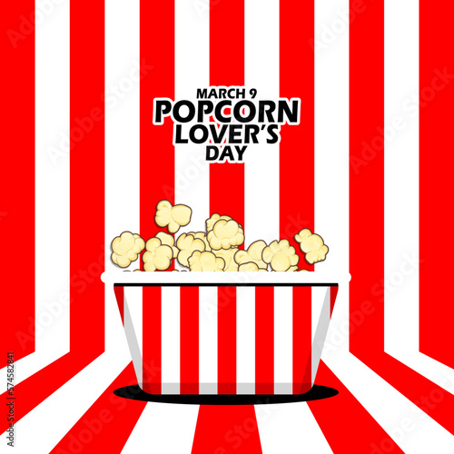 Big box of popcorn with bold text on red striped background to celebrate Popcorn Lover's Day on March 9