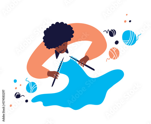 Modern illustration of a needlewoman with knitting materials and tools. Knitted product handmade. An African American woman knits a dress to order. Design element for a postcard. Flat illustration.