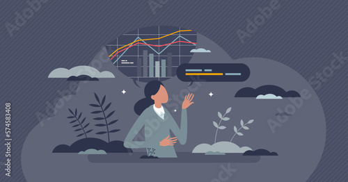 Financial analysis as financier company data presentation tiny person concept. Money report, annual budget analyzing and sales profit visualization by trade business accountant vector illustration.