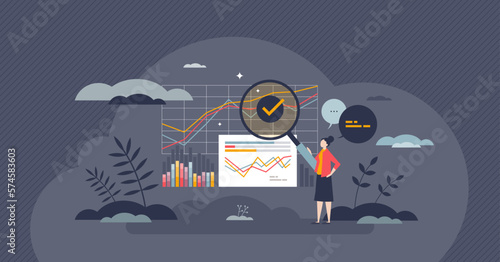 Financial analysis and accounting for company data report tiny person concept. Money turnover, sales profit, investment earnings or annual budget calculation with chart diagrams vector illustration.