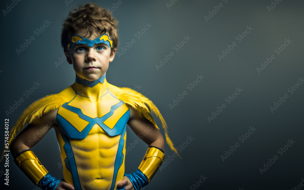 little boy proudly dressed as superhero with costume - theme success, childhood or career - Generative AI little boy proudly dressed as superhero with costume - theme success, childhood or career - Generative AI