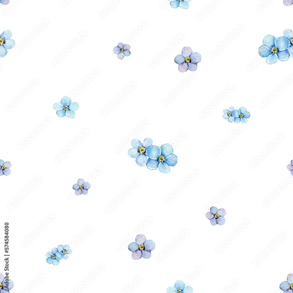 Watercolor seamless pattern of blue forget-me-nots. Hand painted illustration with summer flowers isolated on white background