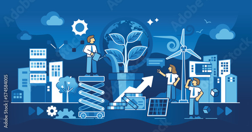 Corporate social responsibility as sustainable business dark outline concept. Business with nature friendly and environmental principles for ethical and fair attitude to society vector illustration.