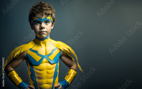little boy proudly dressed as superhero with costume - theme success, childhood or career - Generative AI