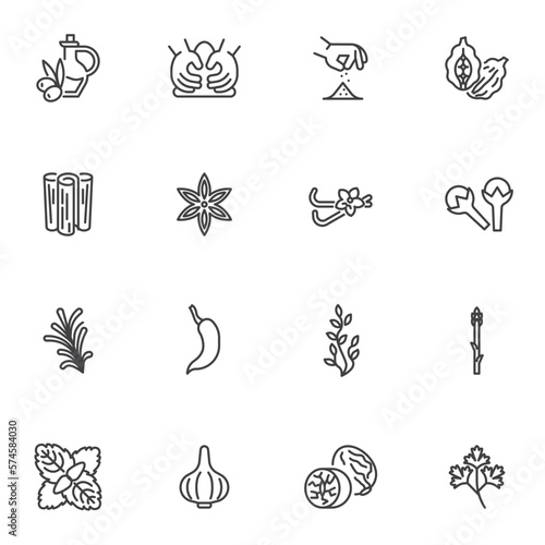 Condiments and herbs line icons set