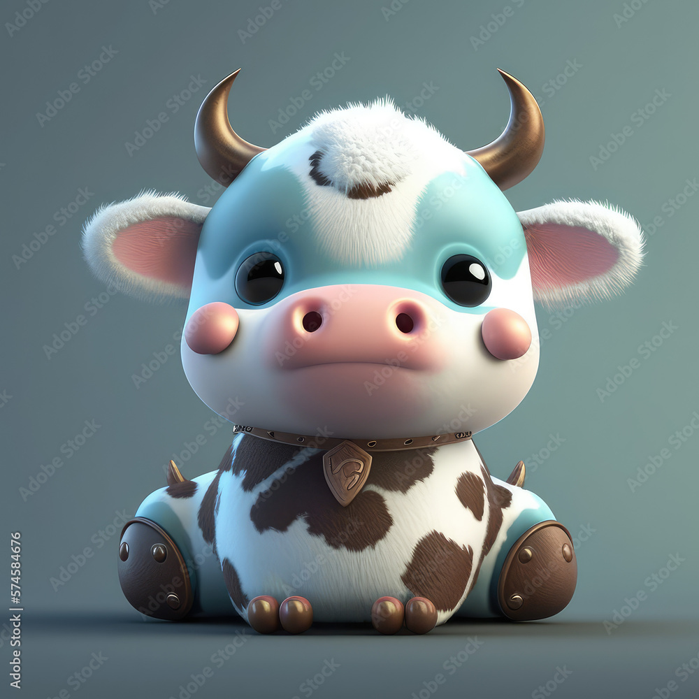 Funny cute cow 3d character. Cartoon cow with gold horns. 3d render illustration. Generative AI art. Farm animals set. 