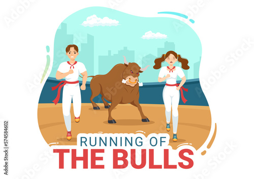 Running of the Bulls Illustration with Bullfighting Show in Arena in Flat Cartoon Hand Drawn for Web Banner or Landing Page Template