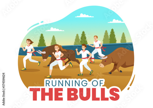 Running of the Bulls Illustration with Bullfighting Show in Arena in Flat Cartoon Hand Drawn for Web Banner or Landing Page Template