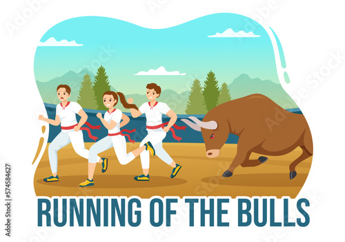 Running of the Bulls Illustration with Bullfighting Show in Arena in Flat Cartoon Hand Drawn for Web Banner or Landing Page Template