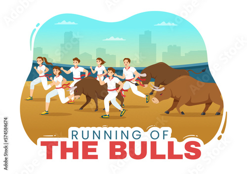 Running of the Bulls Illustration with Bullfighting Show in Arena in Flat Cartoon Hand Drawn for Web Banner or Landing Page Template