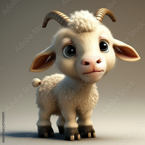 Cute baby goat 3d character. Cartoon goat with big eyes. 3d render illustration. Generative AI art isolated. Farm animals set.  © SnowElf