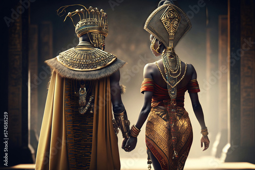 Fotografiet African king and queen in luxurious royal clothes in the palace, illustration ai