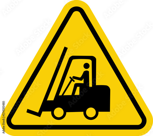 Sign for forklifts and other industrial vehicles. Yellow triangle warning sign with forklift icon inside.