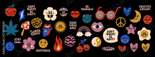 Vector groovy psychedelic smiley faces. Set of cool trippy mascot faces. Bright social media emoticons. Positive vibes funky hippie emotion stickers. Different emotions faces. Acid weed mushroom icons