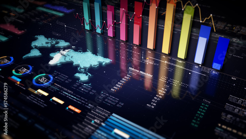 Business stock market, trading, info graphic with animated graphs, charts and data numbers insight analysis to be shown on monitor display screen for business meeting mock up theme