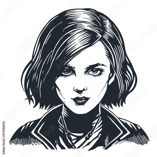 Portrait of a young girl with a short haircut. Hand drawn character, engraved style, vector illustration	
