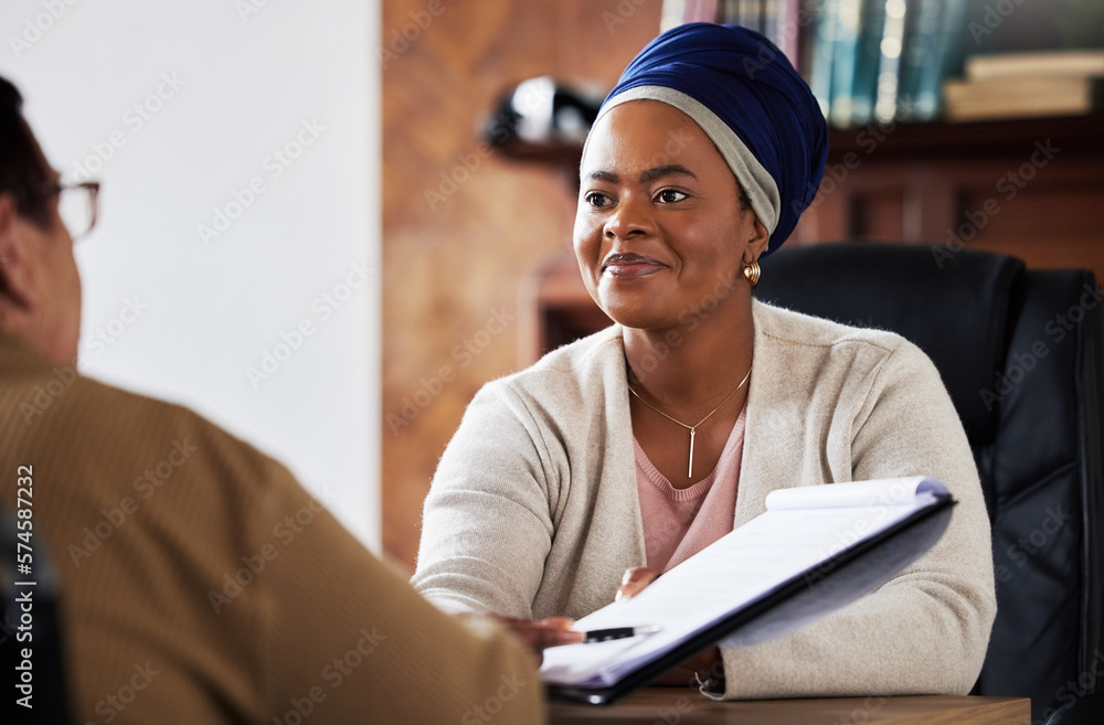 Signature, insurance or legal black woman with senior planning on documents for contract, loan or agreement. Lawyer, financial advisor and consulting with elderly for retirement deal will review - obrazy, fototapety, plakaty 