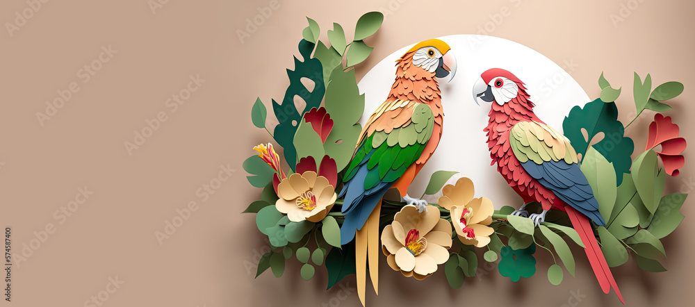 Parrots - love birds congratulating valentines day with text space, Free space for text message, romantic couple of cute colorful birds with papercut moon and empty space for text banner