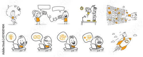 Stick figures. Office people. Isolated on white background. Hand drawn doodle line art cartoon design character.