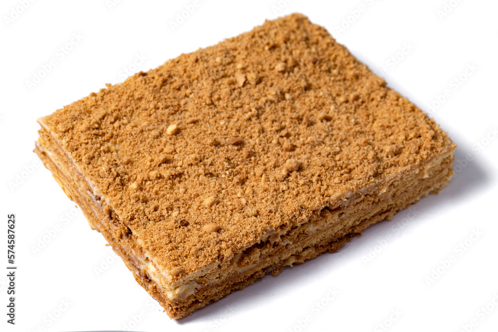cake Medovik on white background. Close up view cake Medovik on white background. Close up view