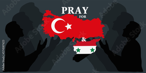 Earthquake in Turkey and Syria. Pray for Turkey and Syria. The central fault line. Help Turkey and Syria. Banner with outlines of countries and flags on the background of praying people. Prayer life