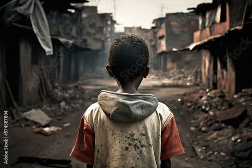 Foto Hungry boy on the slum district. Back view. Generative AI