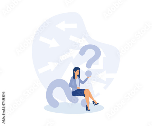 Confusion,  uncertain concept, confused frustrated businesswoman, modern flat vector illustration