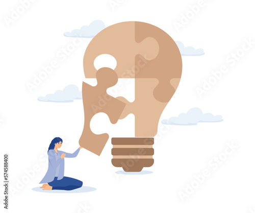 Problem solver, smart businessman solving lightbulb idea puzzle by connecting last jigsaw piece, modern flat vector illustration.