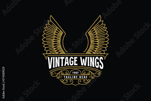 Golden Wings Border Frame Royal Crown Badge Emblem Stamp Label Logo Design Vector
