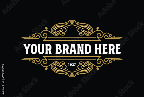 Vintage Swirl Border Frame Royal Crown Badge Emblem Stamp Label Logo Design Vector