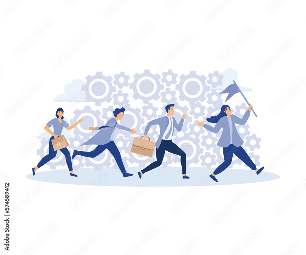 Organization efficiency, business people running on rotating cogwheel or gear to drive business. modern flat vector illustration